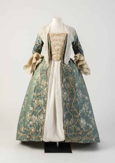 Blue and cream woven silk open robe with ruched robings, 1750s by Unbekannt Unbekannt